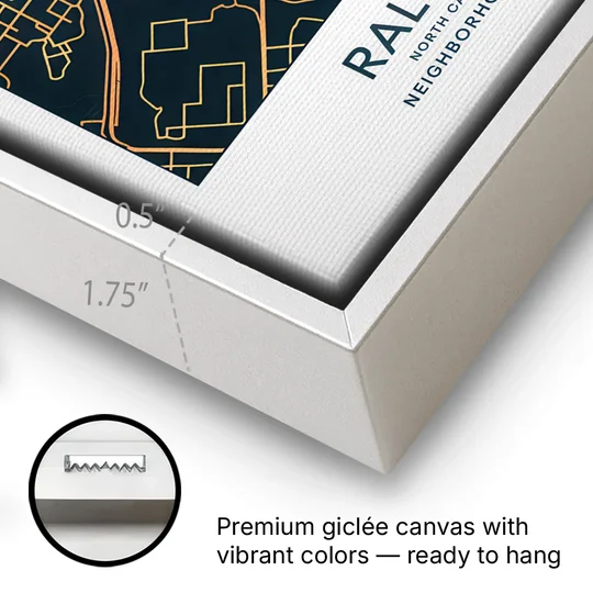 Raleigh Neighborhood Map - White Framed Canvas Wall Art - Gallery Wrap Corner