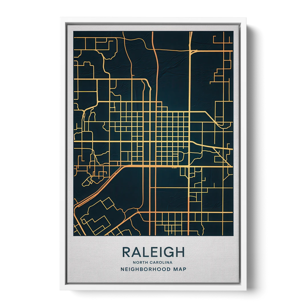 Raleigh Neighborhood Map - White Framed Canvas Wall Art - Front