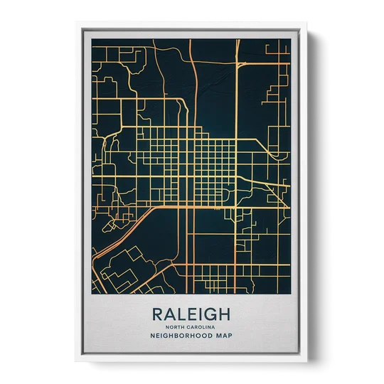 Raleigh Neighborhood Map - White Framed Canvas Wall Art - Front