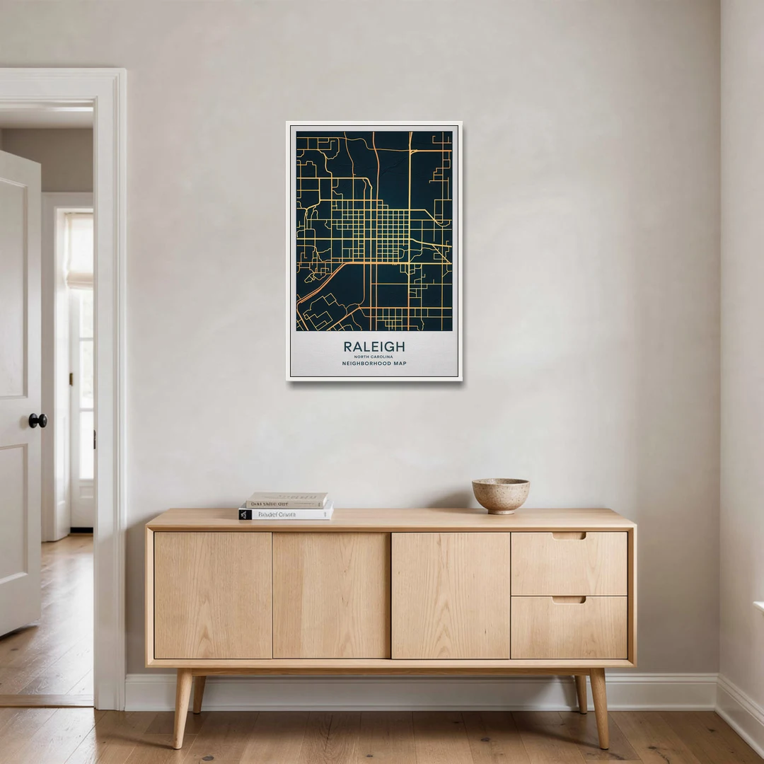 Raleigh Neighborhood Map - White Framed Canvas Wall Art - Coffee Table - 24x36
