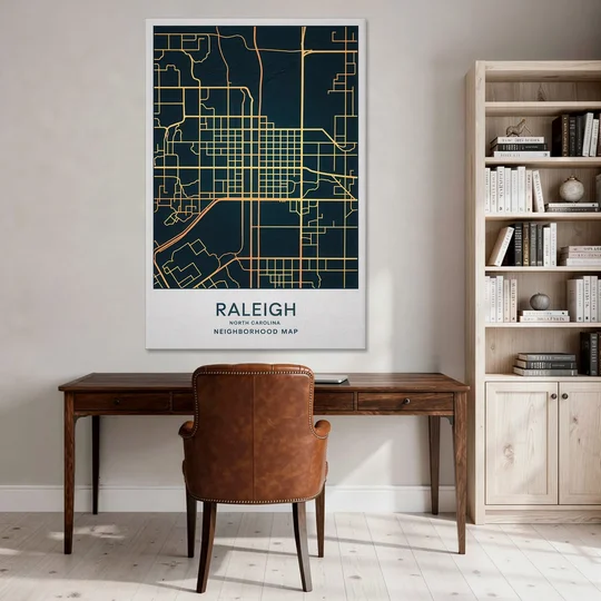 Raleigh Neighborhood Map - Canvas Wall Art - Office - 40x60