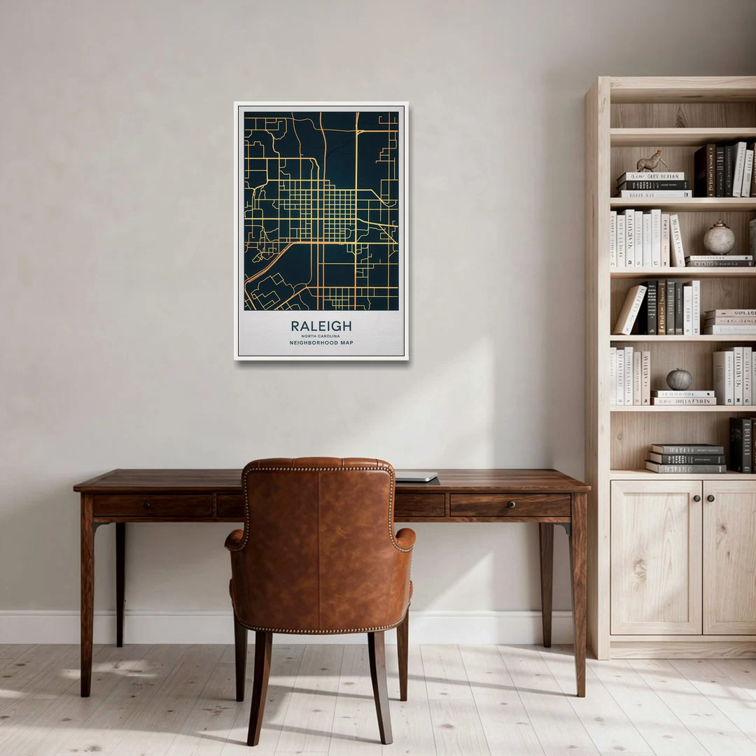 Raleigh Neighborhood Map - White Framed Canvas Wall Art - Office - 24x36