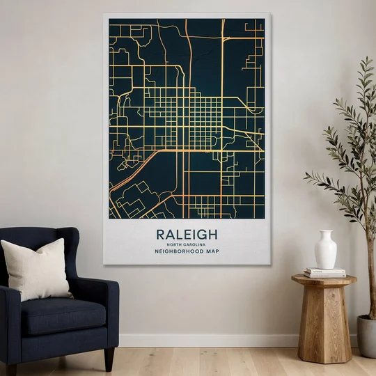 Raleigh Neighborhood Map - Canvas Wall Art - Sofa - 40x60