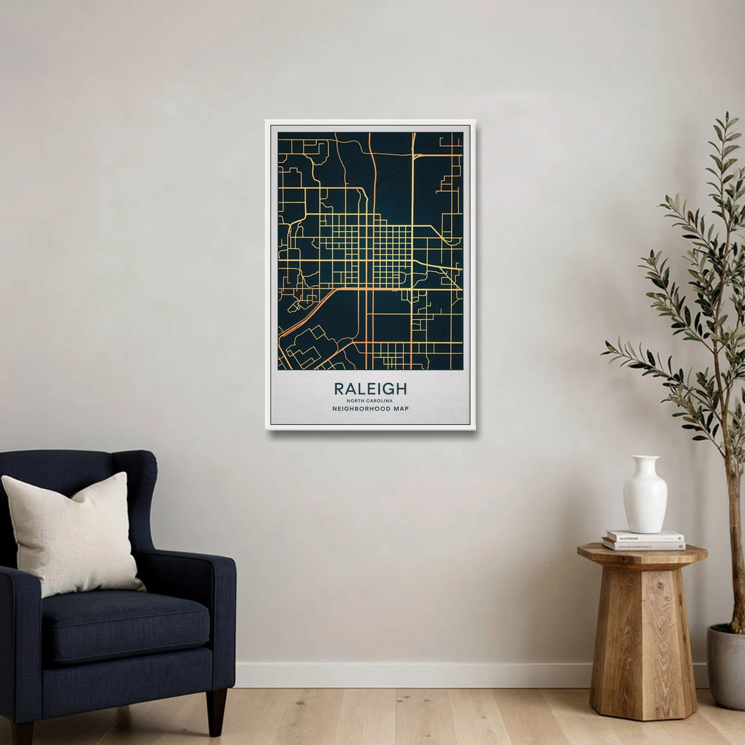Raleigh Neighborhood Map - White Framed Canvas Wall Art - Sofa - 24x36