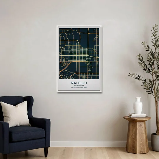 Raleigh Neighborhood Map - White Framed Canvas Wall Art - Sofa - 24x36