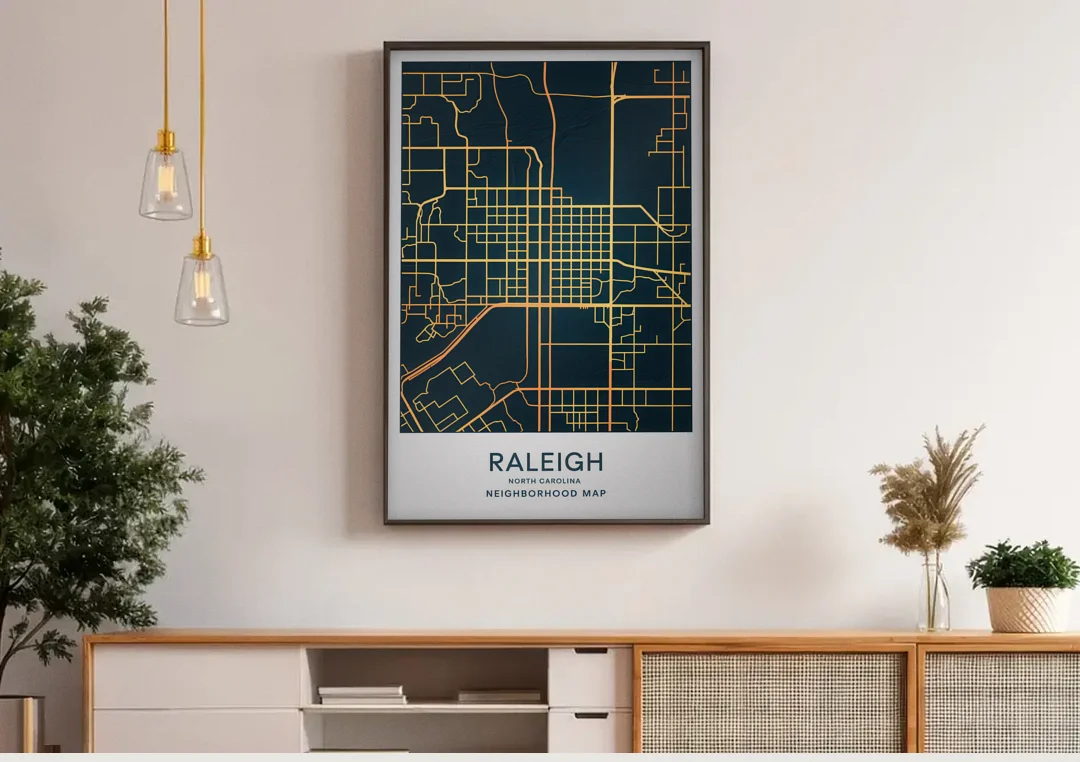 Raleigh Neighborhood Map canvas wall art above a wooden sideboard under pendant lights