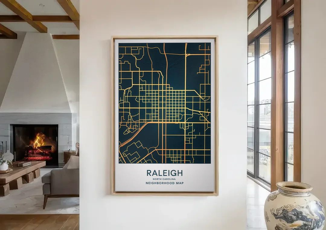 Raleigh Neighborhood Map canvas wall art in a living room with a fireplace