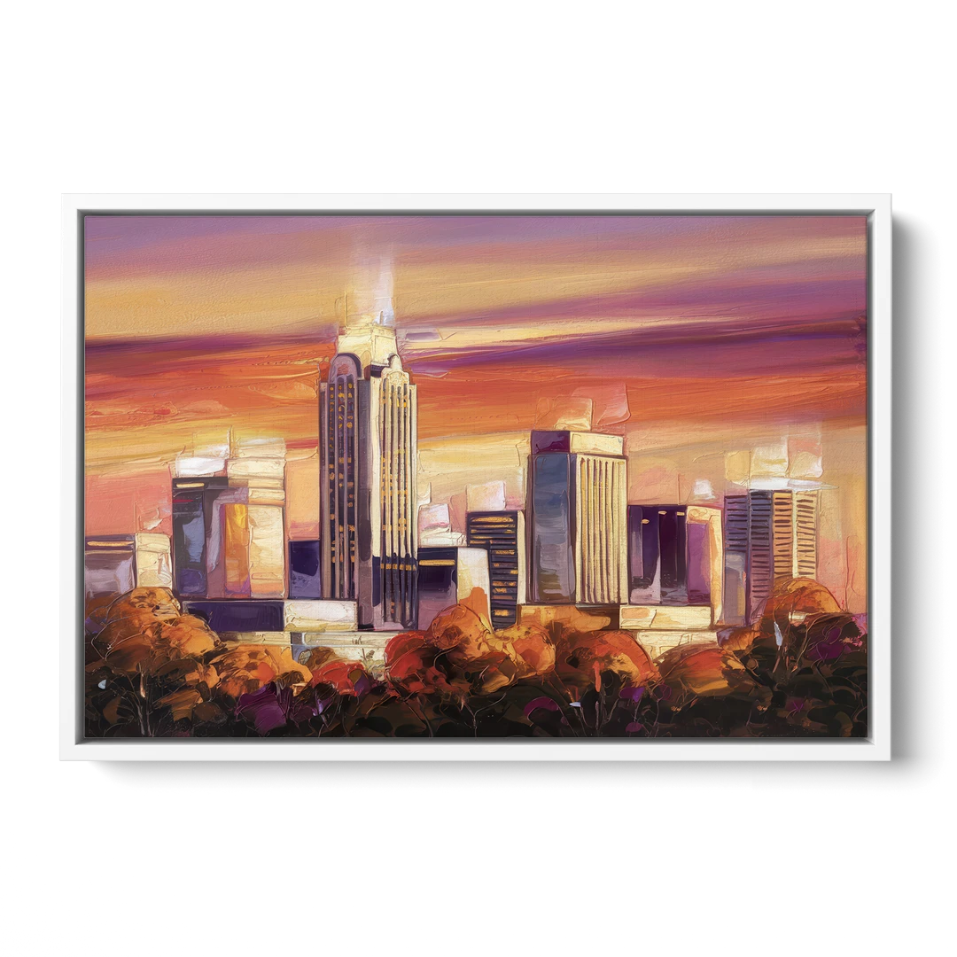 Raleigh Skyline Sunset - White Framed Canvas Wall Art - Front