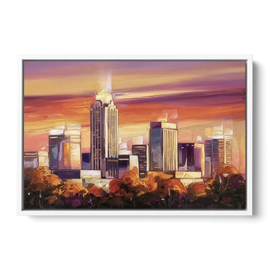 Raleigh Skyline Sunset - White Framed Canvas Wall Art - Front