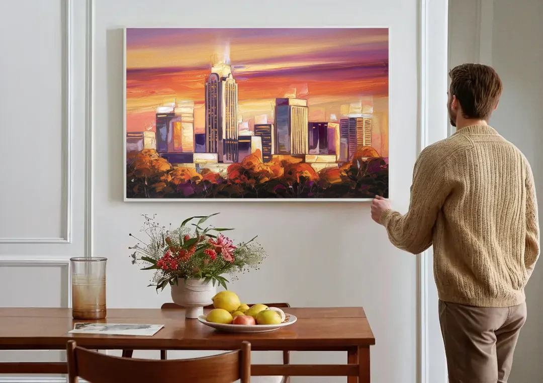 Raleigh Skyline Sunset canvas wall art above a dining table