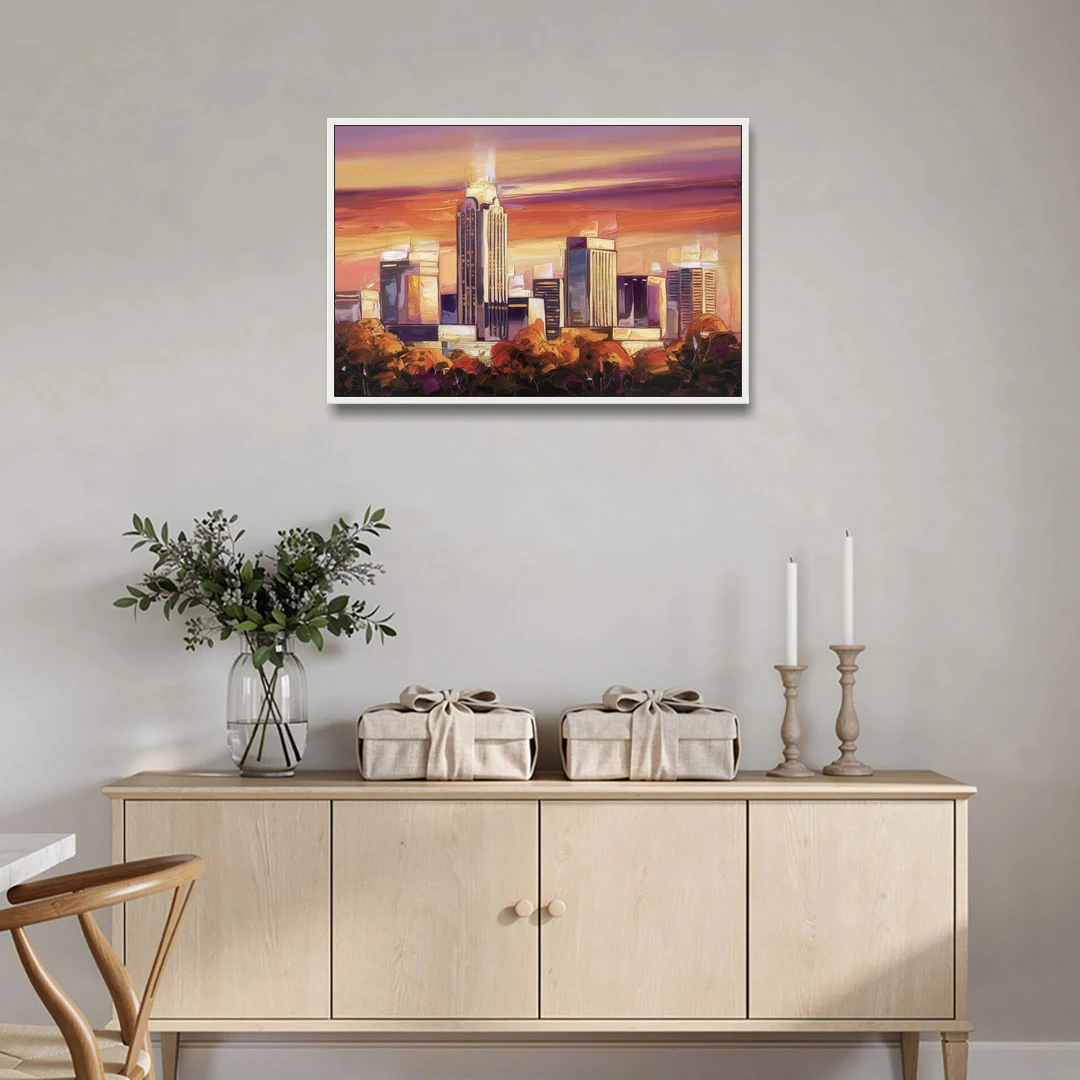 Raleigh Skyline Sunset - White Framed Canvas Wall Art - Coffee Table - 36x24