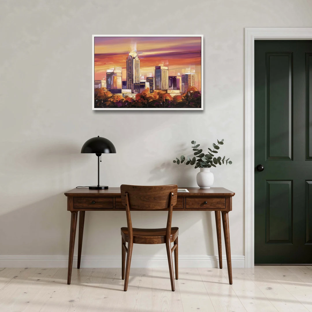 Raleigh Skyline Sunset - White Framed Canvas Wall Art - Office - 36x24