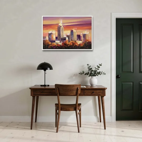 Raleigh Skyline Sunset - White Framed Canvas Wall Art - Office - 36x24