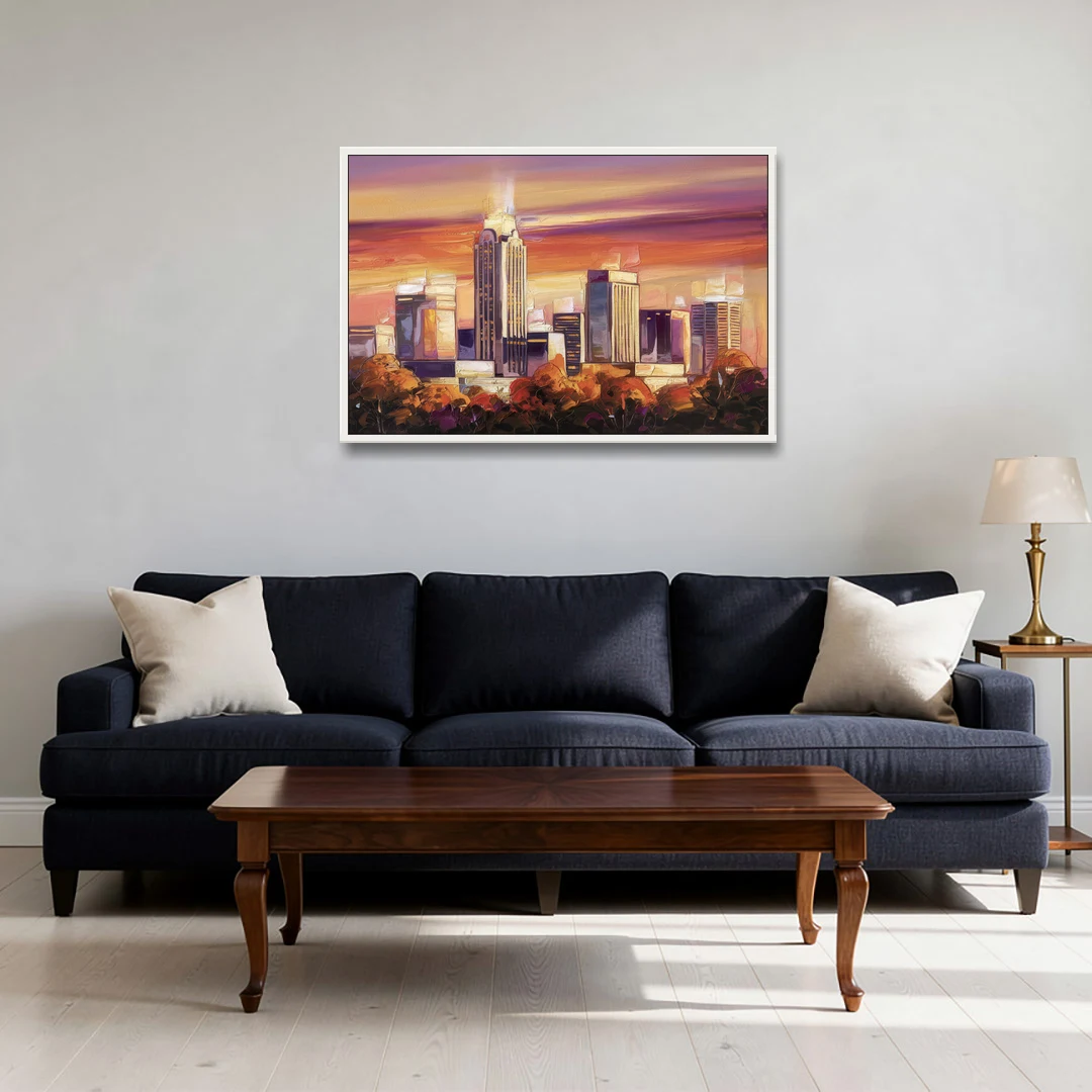 Raleigh Skyline Sunset - White Framed Canvas Wall Art - Sofa - 36x24