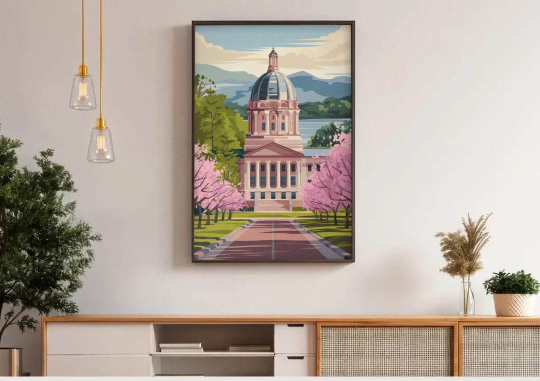 Raleigh State Capitol canvas wall art above a wooden sideboard under pendant lights