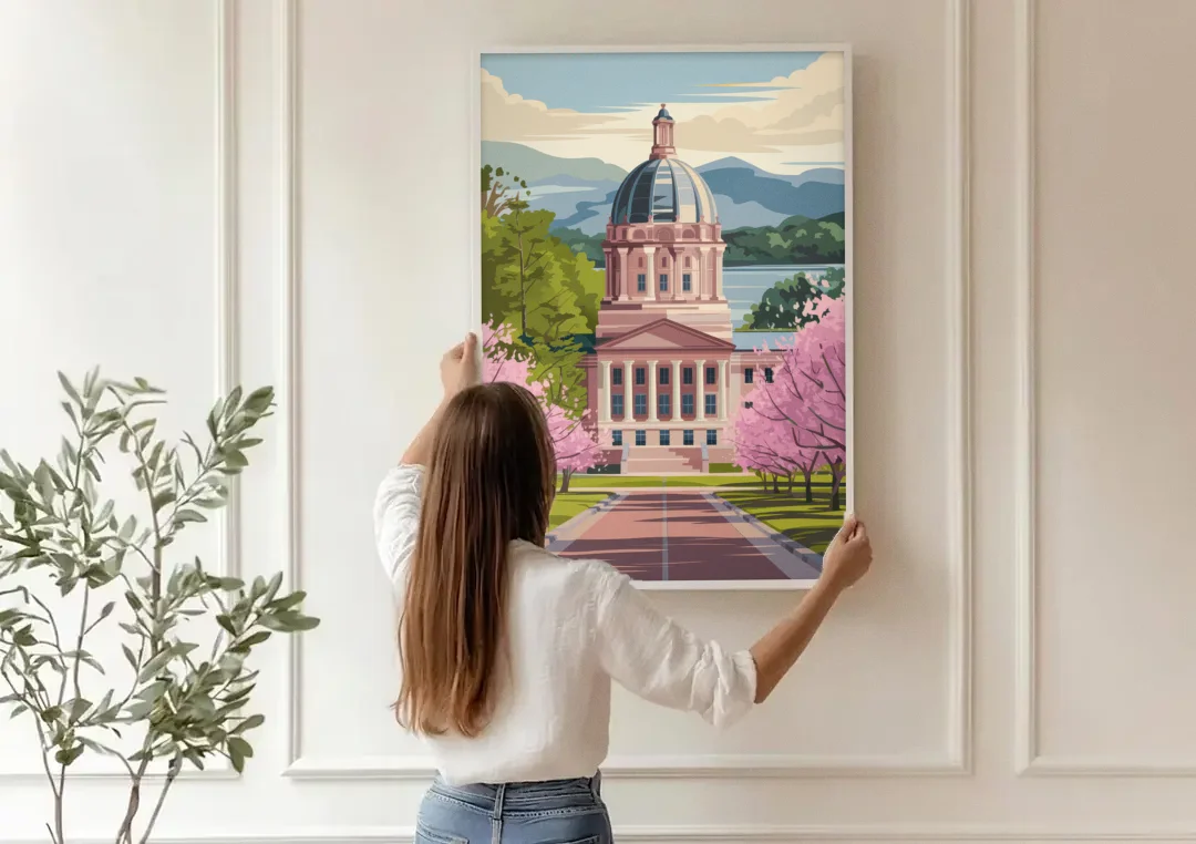 Raleigh State Capitol canvas wall art being hung on a paneled wall