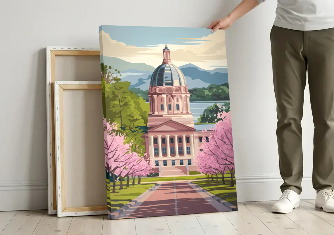 Raleigh State Capitol canvas wall art leaning against a wall next to blank canvases