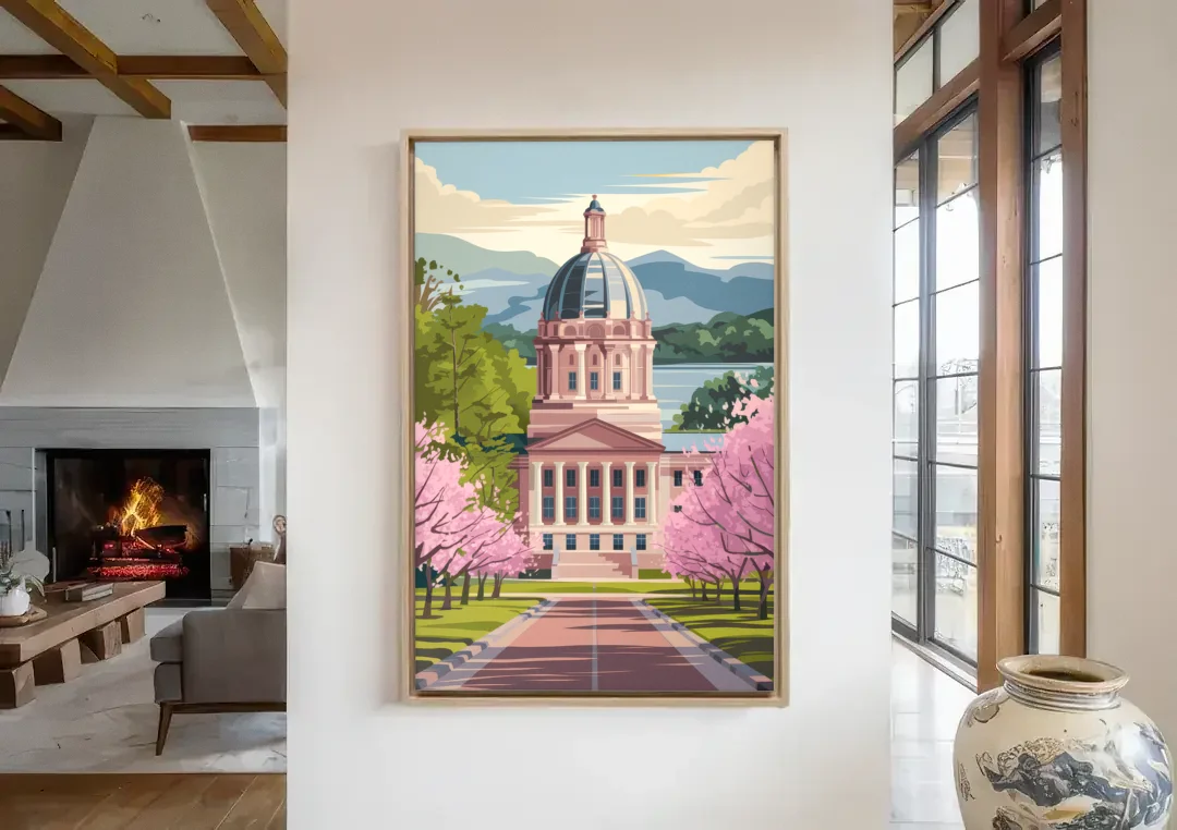 Raleigh State Capitol canvas wall art in a living room with a fireplace