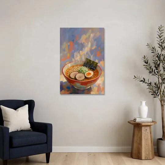 Ramen Painting with Steam and Soft Egg - Canvas Wall Art - Sofa - 24x36