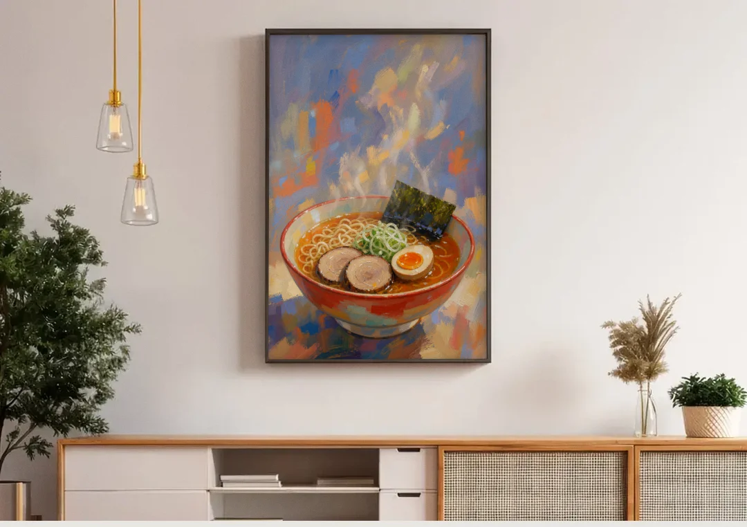 Ramen Painting with Steam and Soft Egg canvas wall art above a wooden sideboard under pendant lights