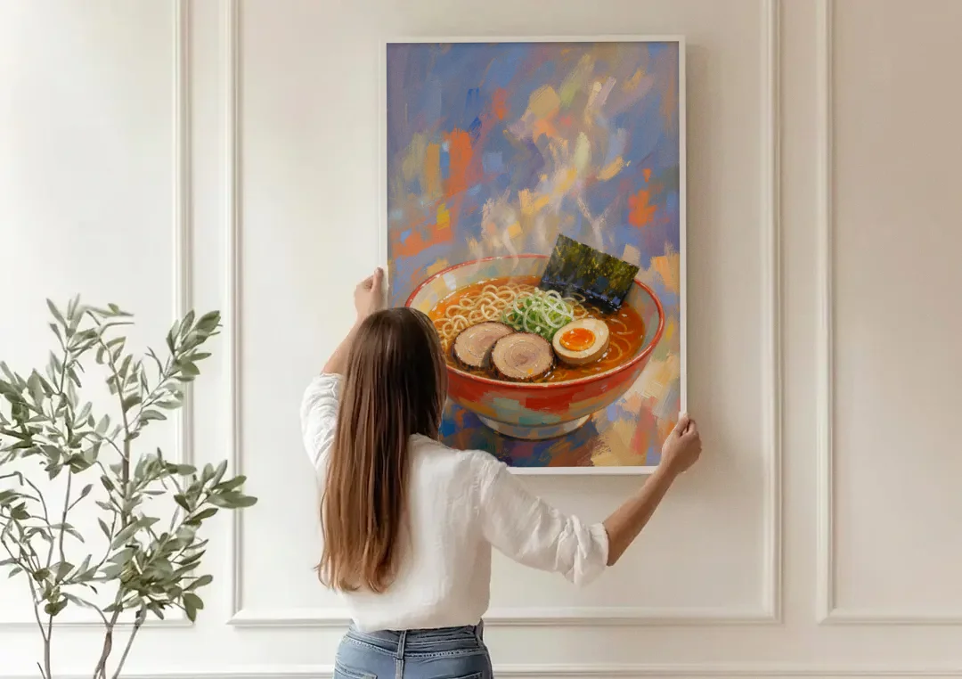 Ramen Painting with Steam and Soft Egg canvas wall art being hung on a paneled wall
