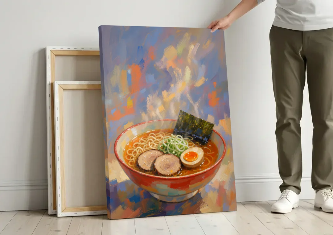 Ramen Painting with Steam and Soft Egg canvas wall art leaning against a wall next to blank canvases