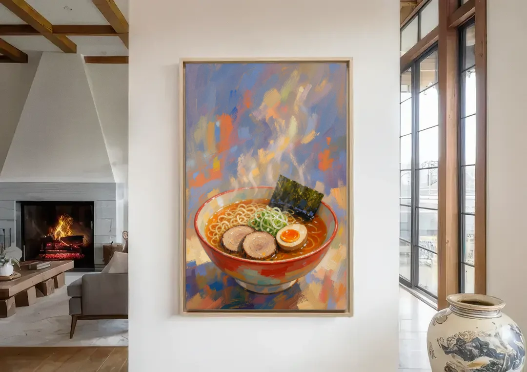 Ramen Painting with Steam and Soft Egg canvas wall art in a living room with a fireplace