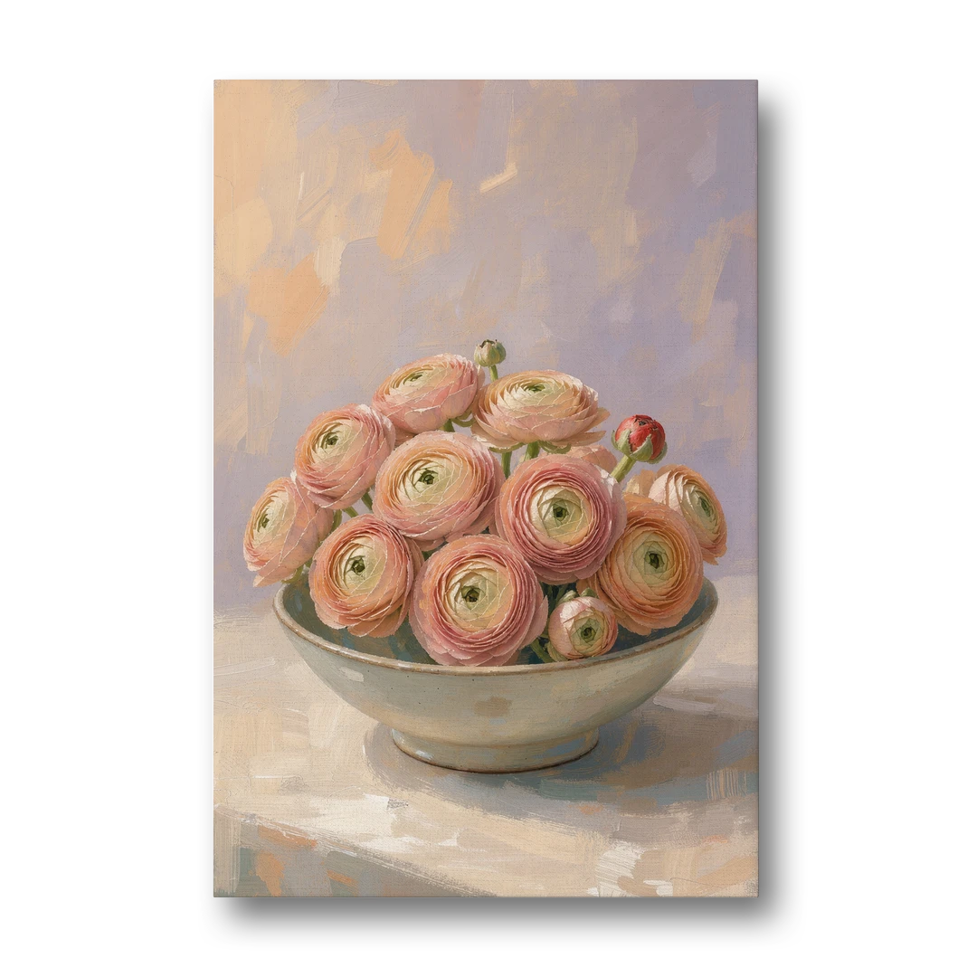 Ranunculus Painting in a Pale Ceramic Bowl - Canvas Wall Art - Front