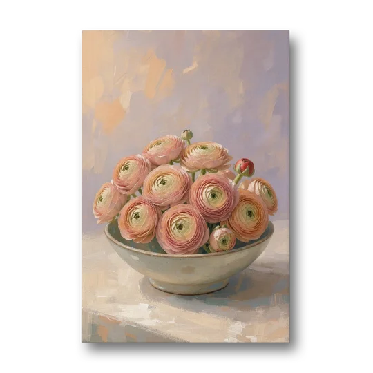 Ranunculus Painting in a Pale Ceramic Bowl - Canvas Wall Art - Front