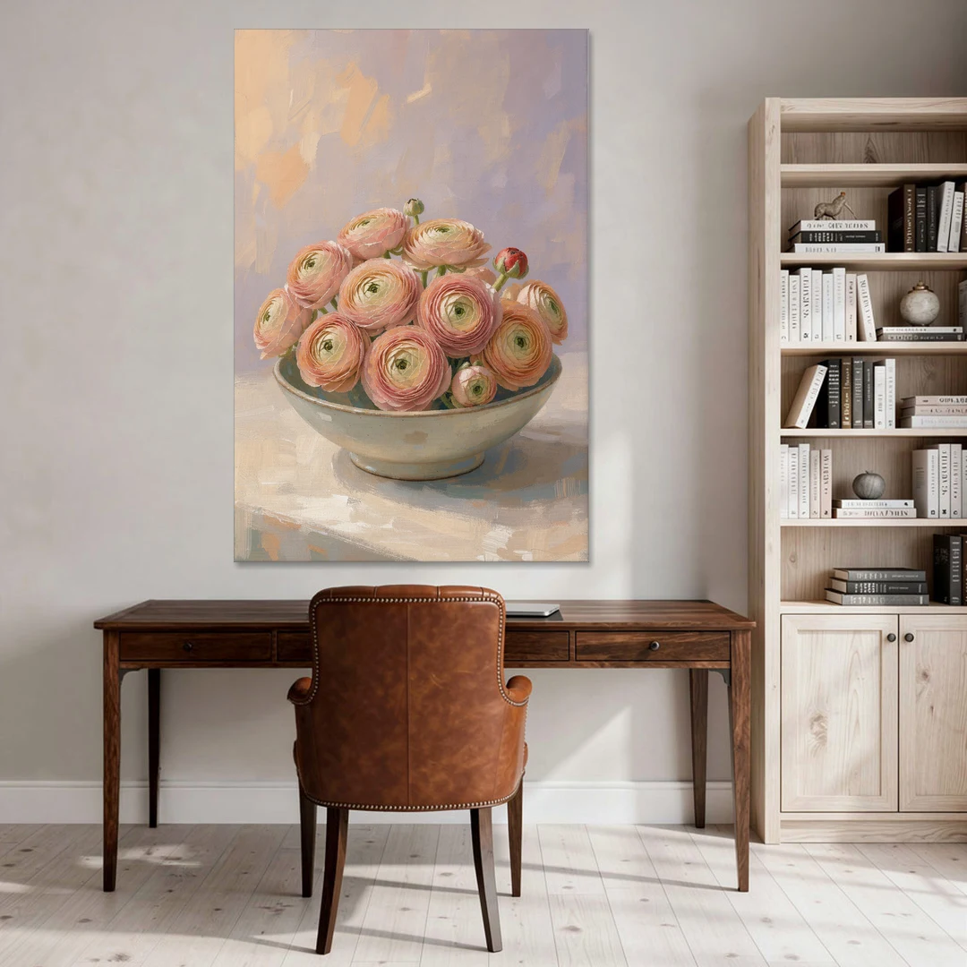 Ranunculus Painting in a Pale Ceramic Bowl - Canvas Wall Art - Office - 40x60