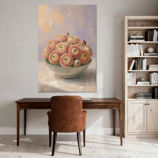 Ranunculus Painting in a Pale Ceramic Bowl - Canvas Wall Art - Office - 40x60