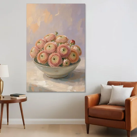 Ranunculus Painting in a Pale Ceramic Bowl - Canvas Wall Art - Sofa - 40x60