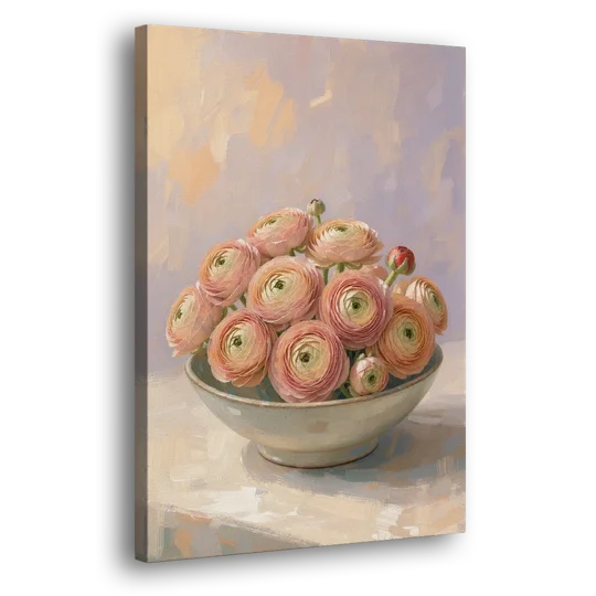 Ranunculus Painting in a Pale Ceramic Bowl - Canvas Wall Art - Side