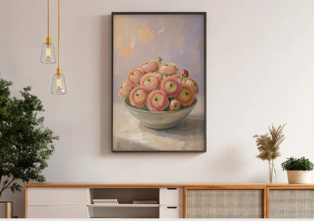 Ranunculus Painting in a Pale Ceramic Bowl canvas wall art above a wooden sideboard under pendant lights