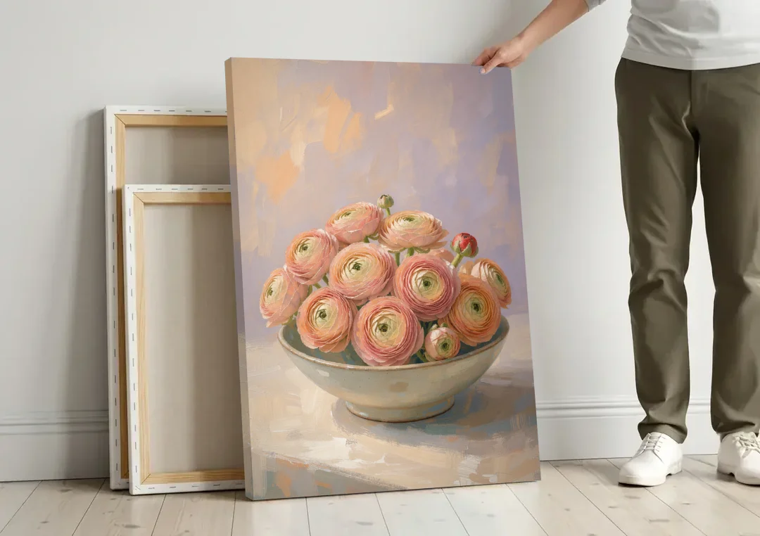 Ranunculus Painting in a Pale Ceramic Bowl canvas wall art leaning against a wall next to blank canvases
