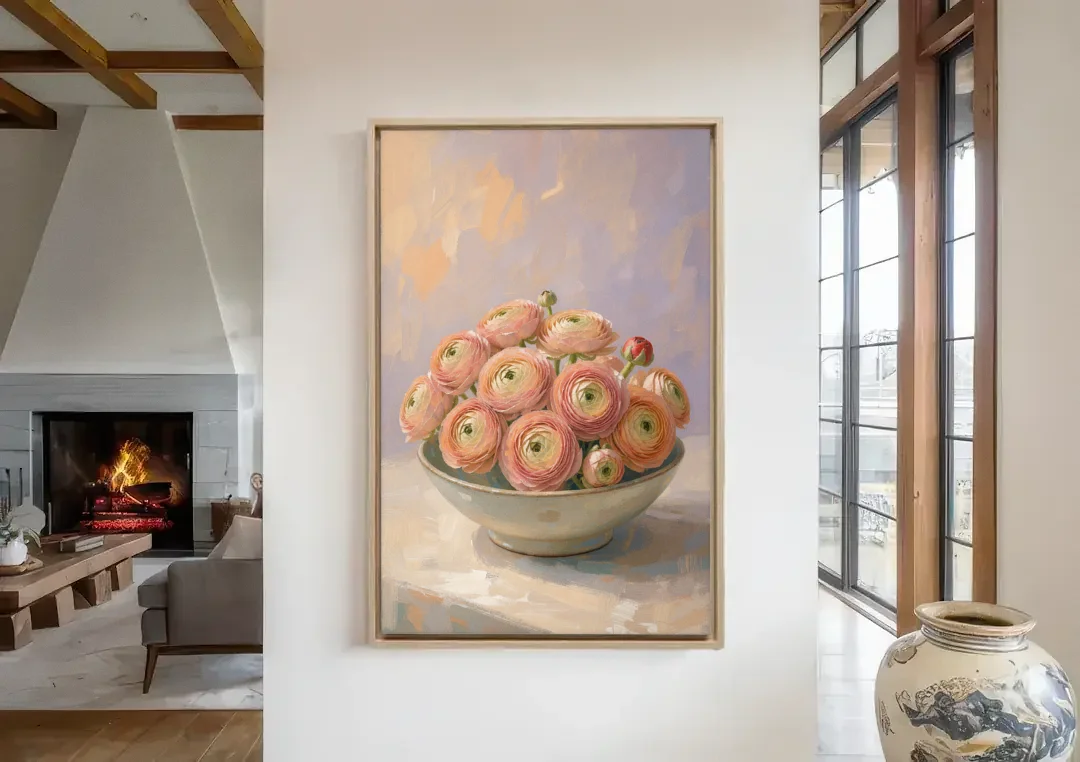 Ranunculus Painting in a Pale Ceramic Bowl canvas wall art in a living room with a fireplace