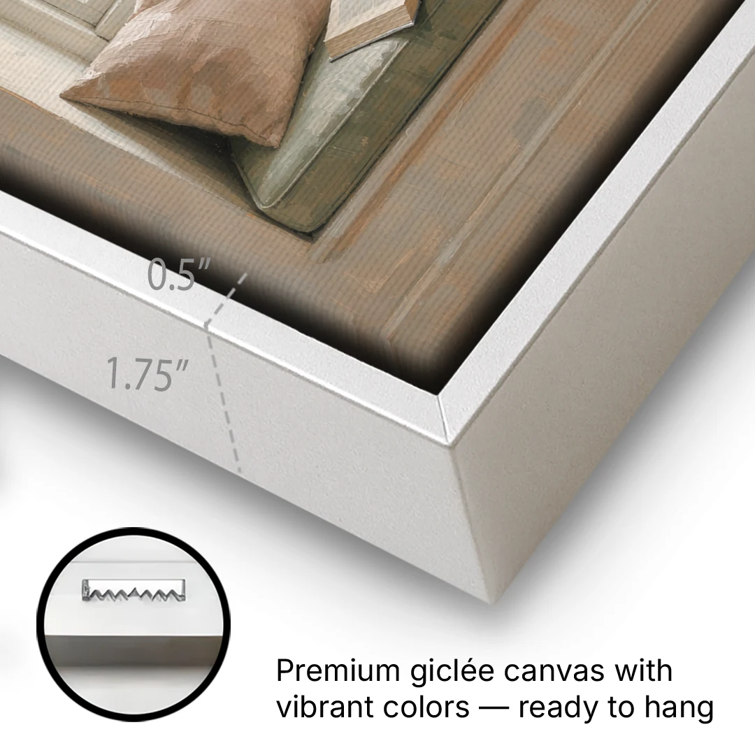 Reading Corner Decor with Rainy Window Seat - White Framed Canvas Wall Art - Gallery Wrap Corner