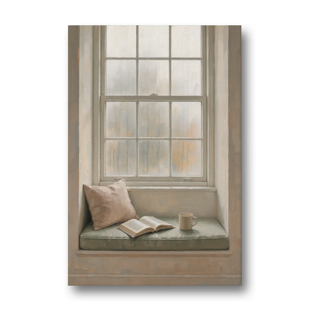 Reading Corner Decor with Rainy Window Seat - Canvas Wall Art - Front