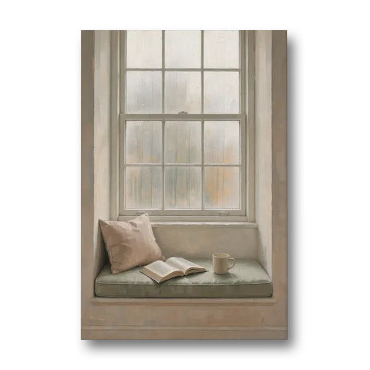Reading Corner Decor with Rainy Window Seat - Canvas Wall Art - Front