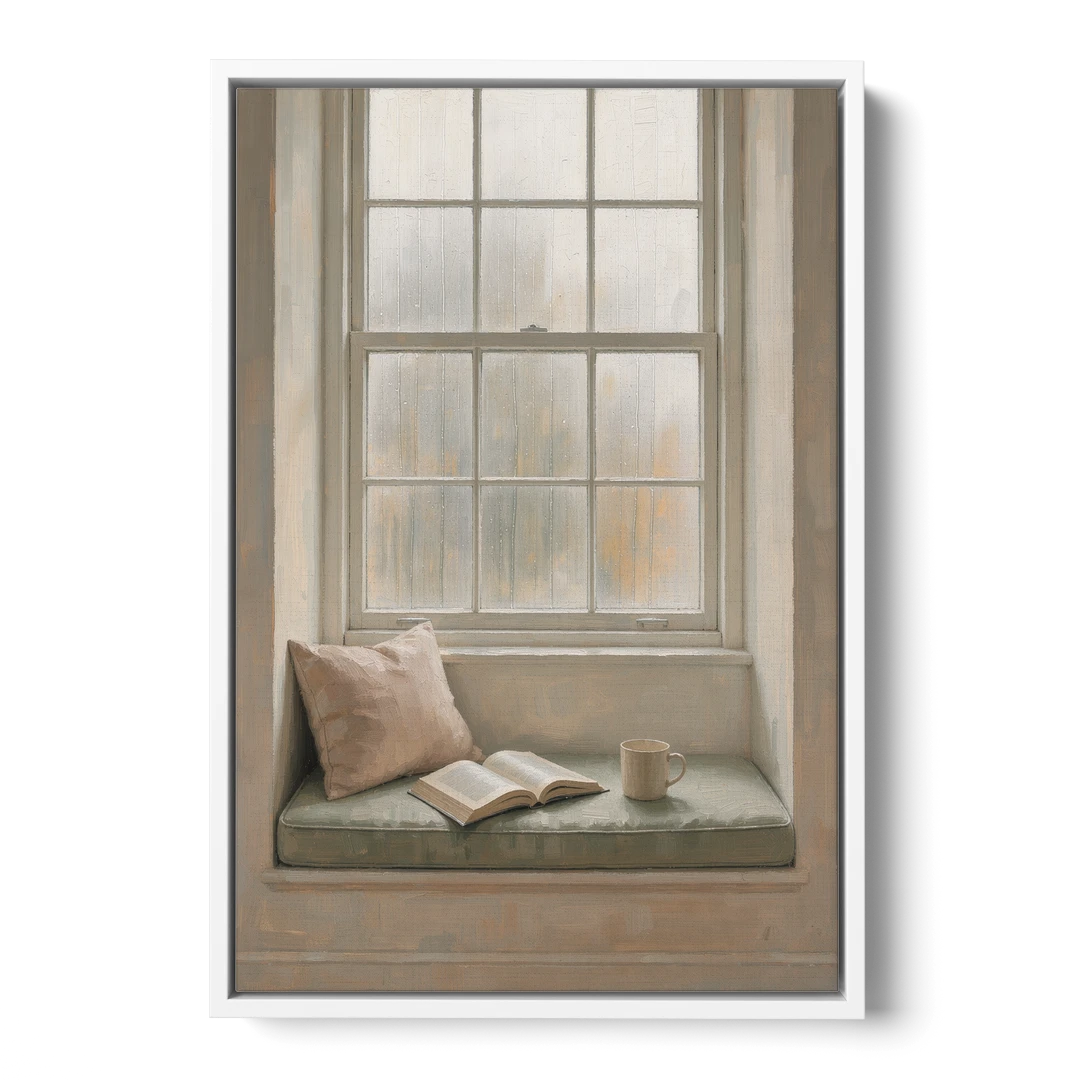 Reading Corner Decor with Rainy Window Seat - White Framed Canvas Wall Art - Front