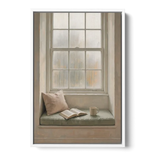 Reading Corner Decor with Rainy Window Seat - White Framed Canvas Wall Art - Front