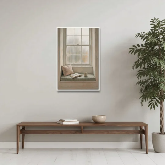Reading Corner Decor with Rainy Window Seat - White Framed Canvas Wall Art - Coffee Table - 24x36
