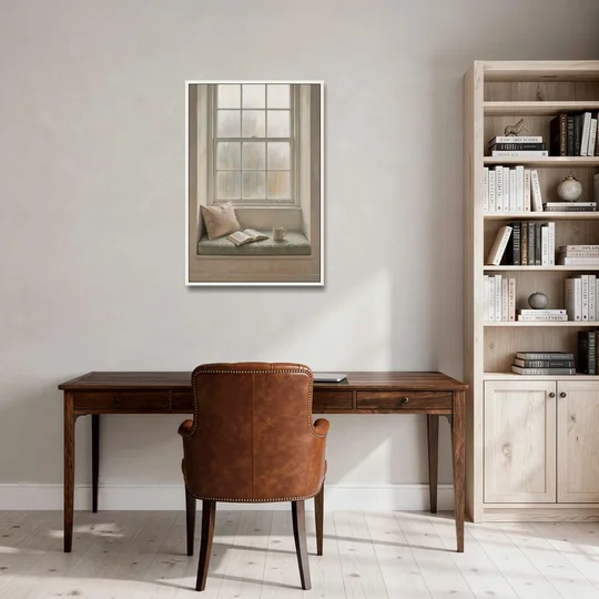 Reading Corner Decor with Rainy Window Seat - White Framed Canvas Wall Art - Office - 24x36
