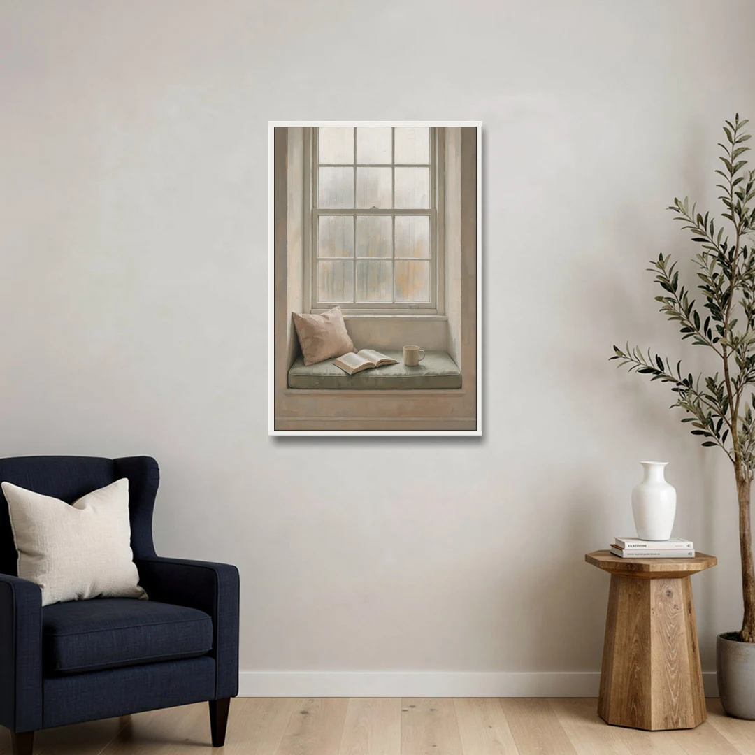 Reading Corner Decor with Rainy Window Seat - White Framed Canvas Wall Art - Sofa - 24x36