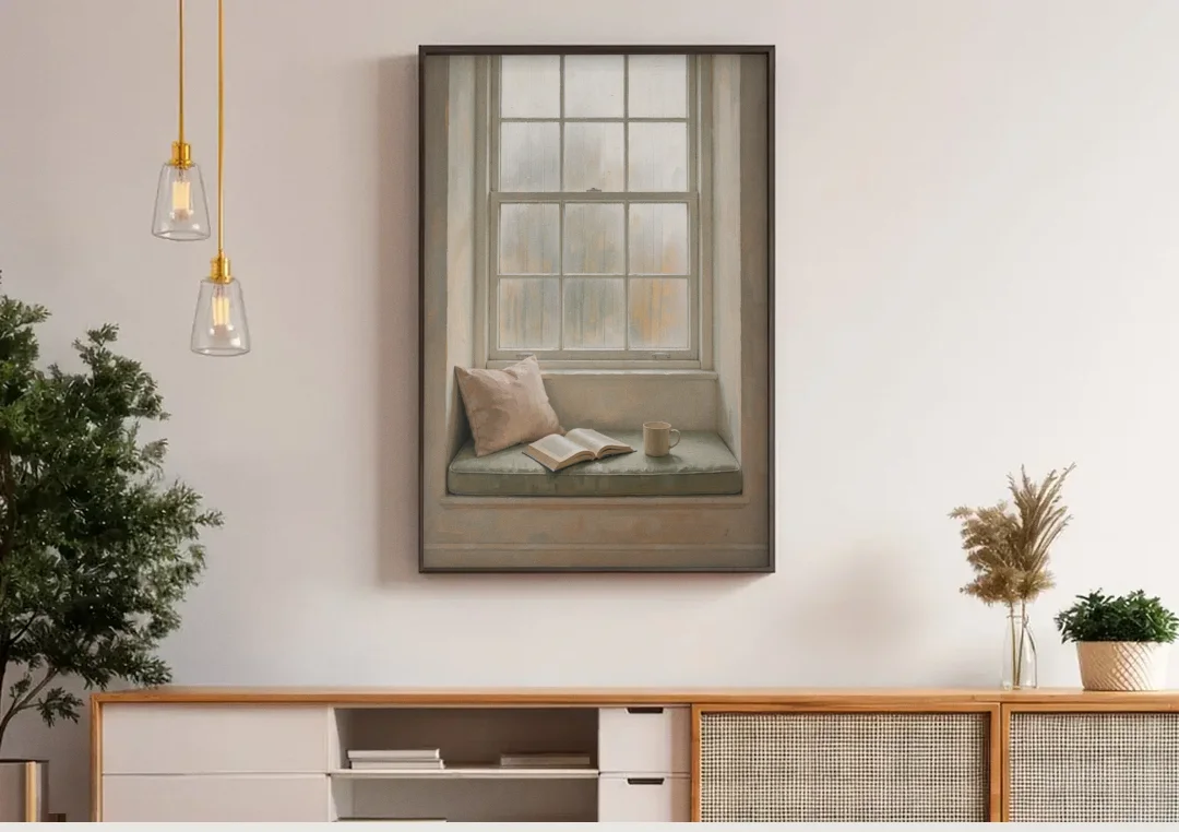 Reading Corner Decor with Rainy Window Seat canvas wall art above a wooden sideboard under pendant lights