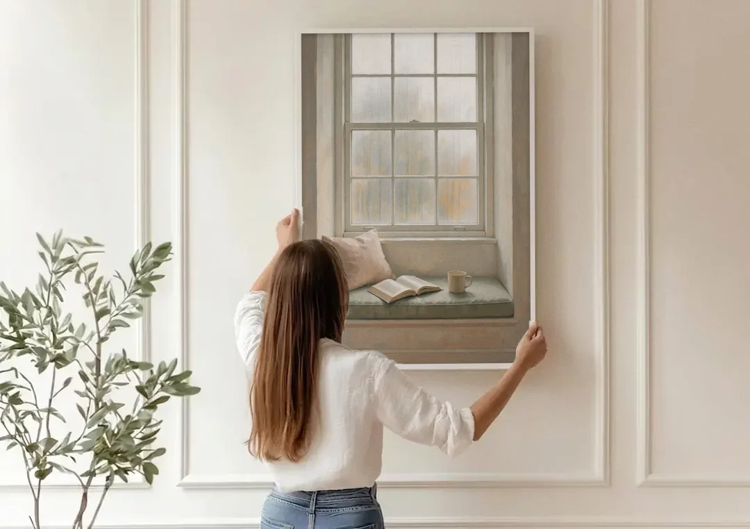 Reading Corner Decor with Rainy Window Seat canvas wall art being hung on a paneled wall