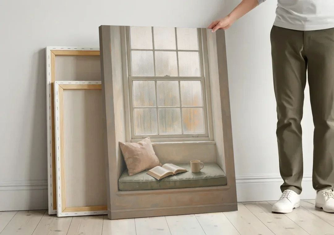 Reading Corner Decor with Rainy Window Seat canvas wall art leaning against a wall next to blank canvases