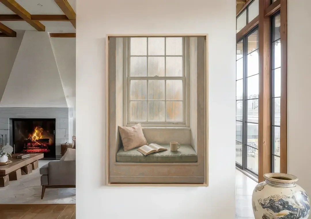 Reading Corner Decor with Rainy Window Seat canvas wall art in a living room with a fireplace