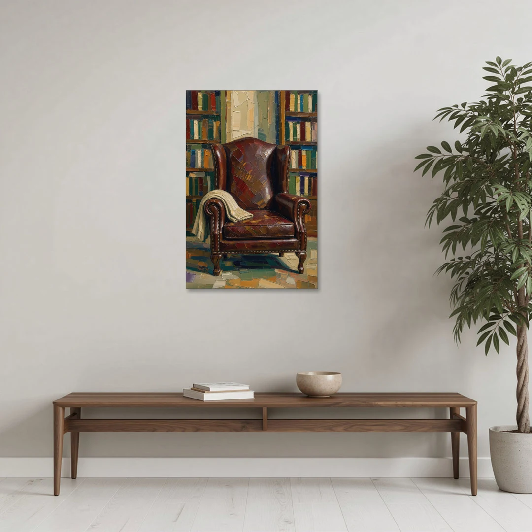 Reading Room Decor with an Oxblood Wingback Chair - Canvas Wall Art - Coffee Table - 24x36