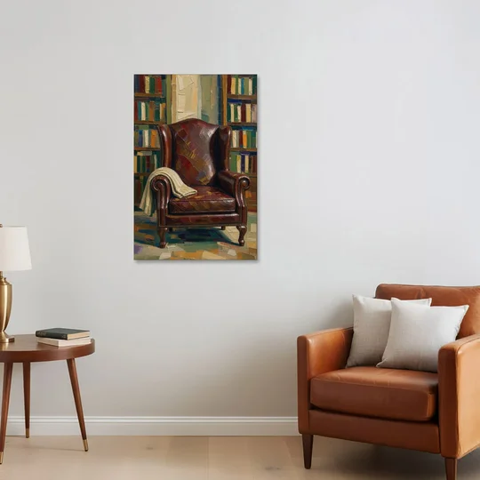 Reading Room Decor with an Oxblood Wingback Chair - Canvas Wall Art - Sofa - 24x36